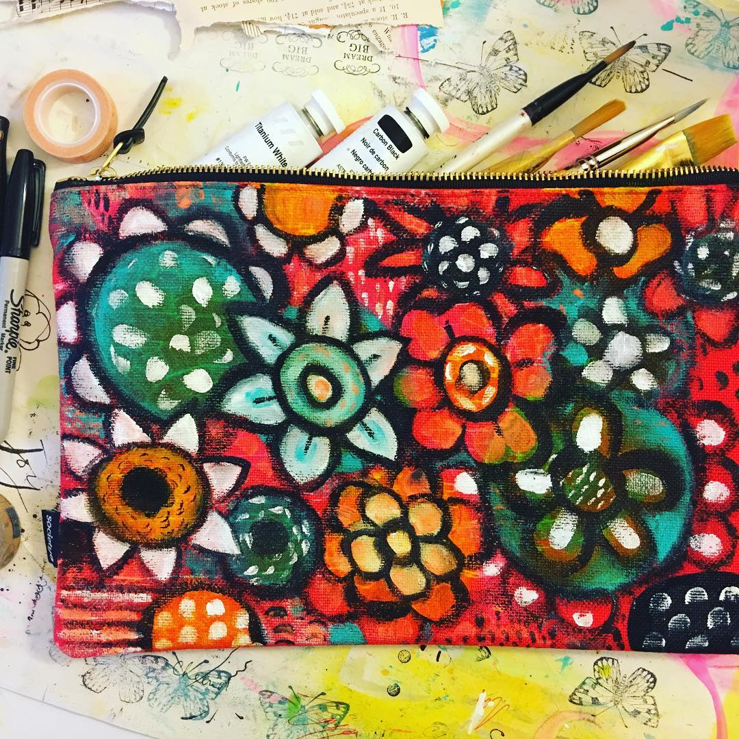 Daily Art Journaling ~ Day 108 Painted this carry-on zip pouch today…it was a bright red fabric and I tried hard to ‘tone’ it down! Brightest of hues find a place on this weekend project and I can safely call it my art journaling activity for the day