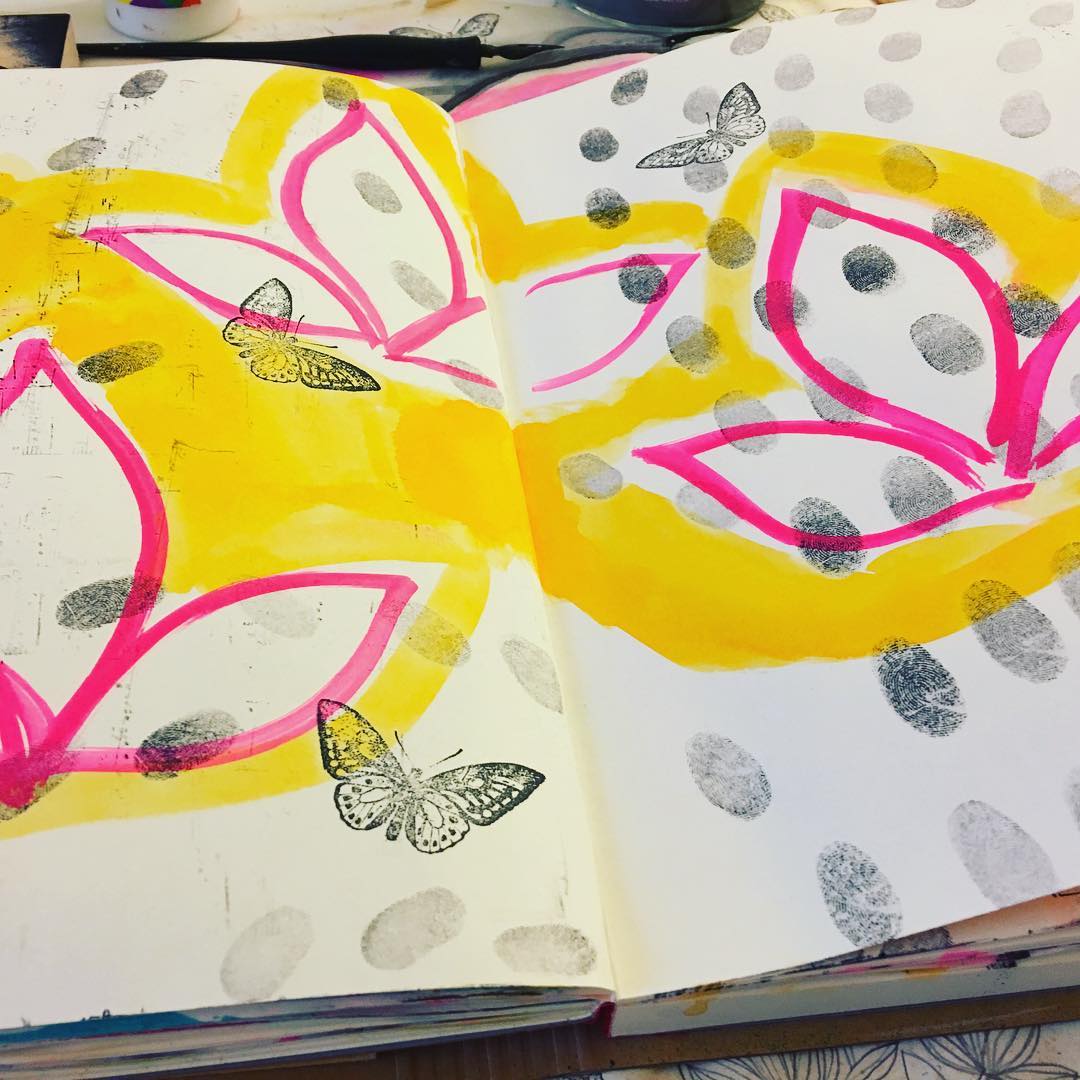 Daily Art Journaling ~ Day 148 When you can’t stop stamping…I actually got down to finger stamping on this one…reminds me of footprints  on sand