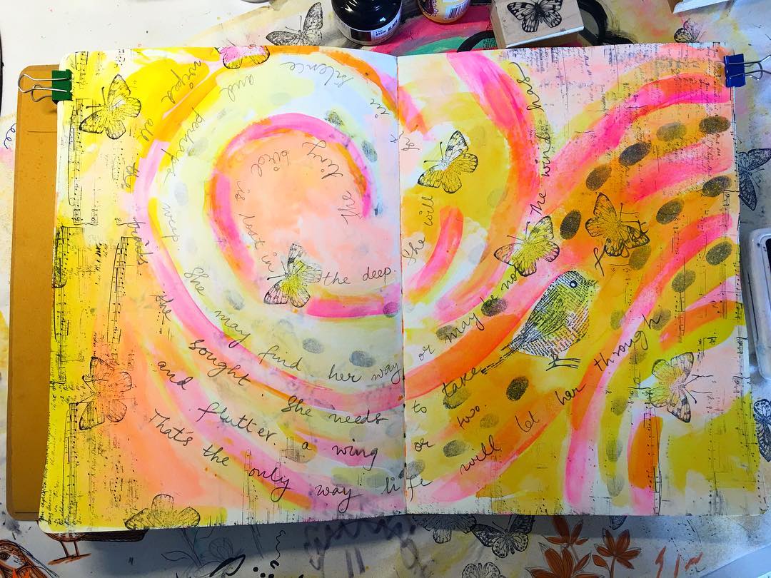 Daily Art Journaling ~ Day 157
I enjoy mixing art with poetry...sometimes it flows out and finds a special place in my art journals. 
The tiny bird is lost in the deep. 
She will sit in silence and perhaps weep.

She may find her way or may be not.
The wind has wiped all the trails she sought.

She needs to take flight and flutter a wing or two. That's the only way life will let her through.