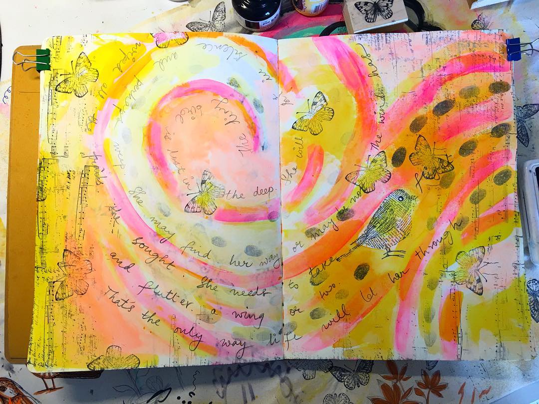 Daily Art Journaling ~ Day 157 I enjoy mixing art with poetry…sometimes it flows out and finds a special place in my art journals. The tiny bird is lost in the deep. She will sit in silence and perhaps weep. She may find her way or may be not. The wind has wiped all the trails she sought. She needs to take flight and flutter a wing or two. That’s the only way life will let her through.