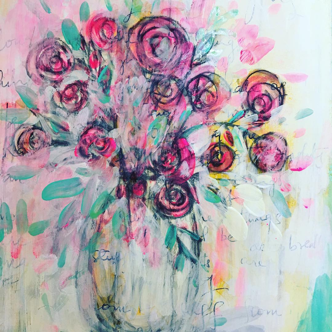 Daily Art Journaling – Day 212 Abstract flowers… I usually start these journal pages by scribbling in some notes to myself…random thoughts…and then paint all over… #