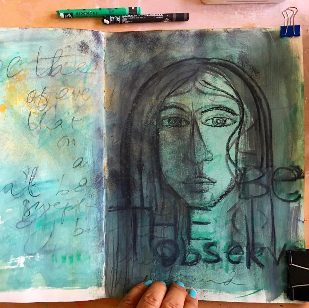 Daily Art Journaling ~ Day 304 Be the observer When I become the observer I step away, clouds drift away. It feels light. It feels as if a weight is lifted. It feels okay. By becoming the observer I detach from the story. I detach. The weight drops.