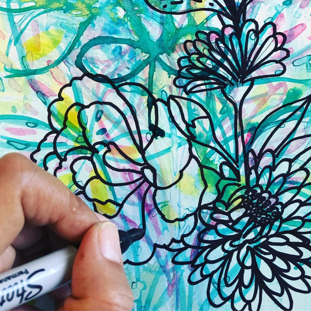 Daily Art Journaling ~ Day 343
floral doodles....layering on ink and water color splashes...my monday morning hues!