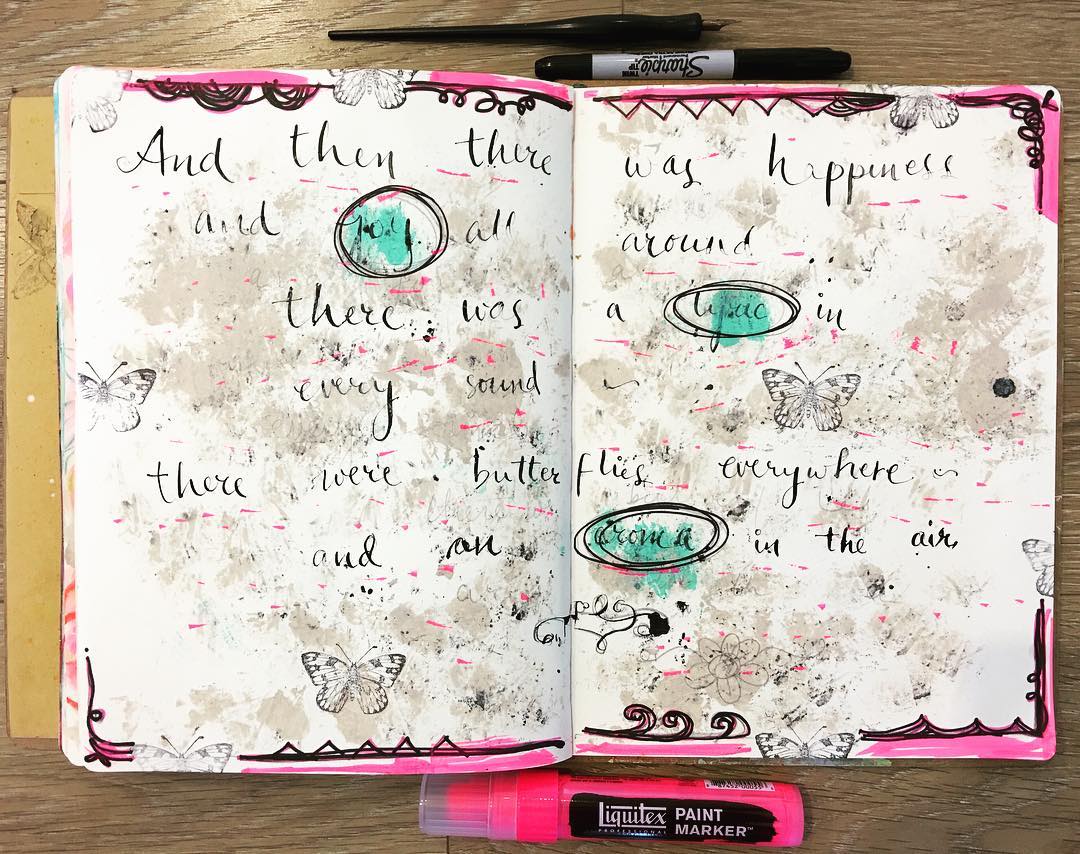 Daily Art Journaling ~ Day 35 ~ And then there was happiness and joy all around ~ there was a lyric in every sound ~ there were butterflies everywhere and an aroma in the air ~