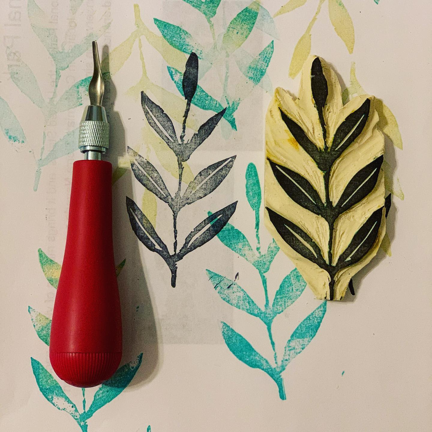I have always enjoyed stamping in my art journals but never really made my own, here are some leafy impressions...