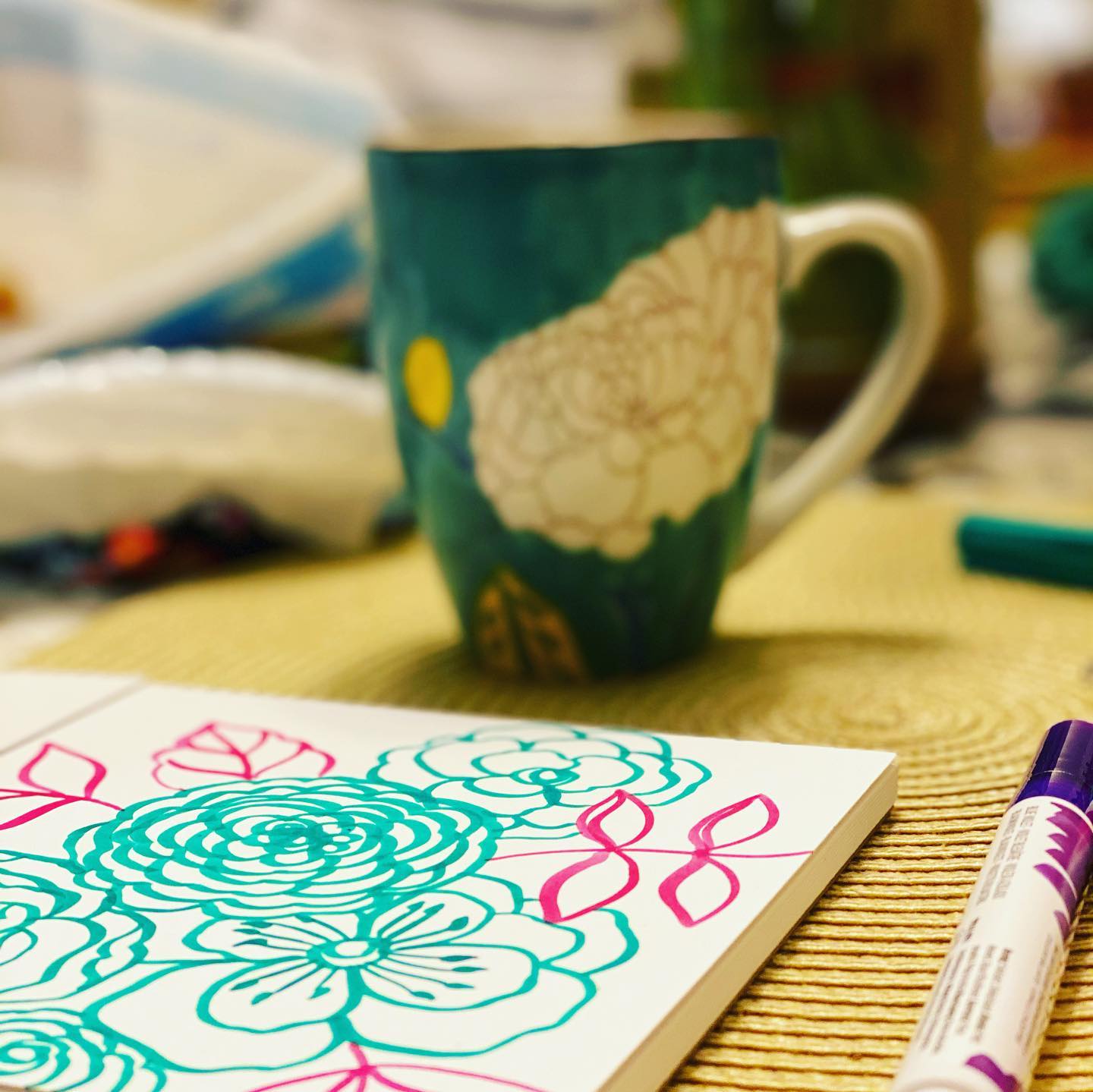 I often end my day with a hot cup of chamomile tea and a few doodles on the side. How about pink leaves and some green flowers?