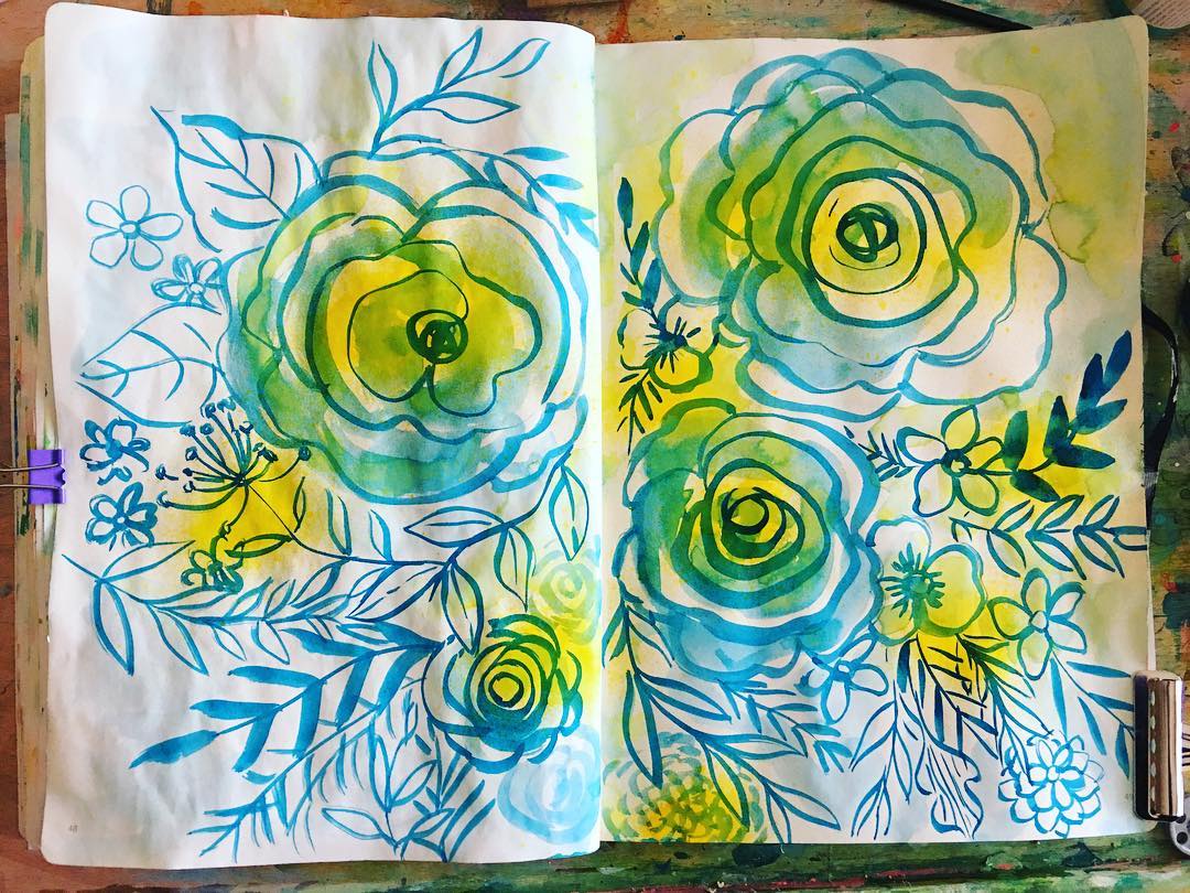 Love the free flowing inks, they are so versatile and rich! Some floral inky doodles today in my art journal spread! Can't tell you how much I love  flowers...