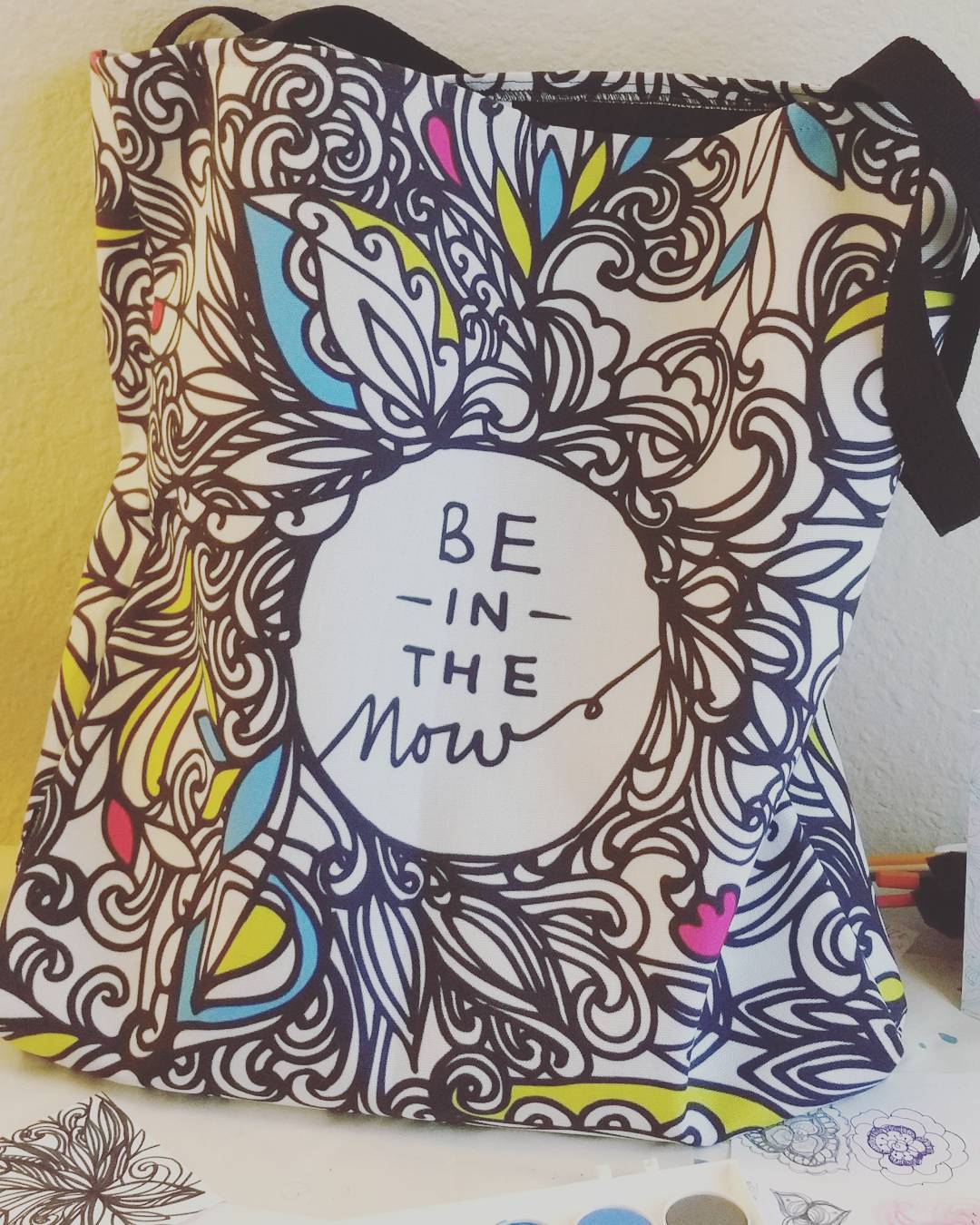 My tote bag…a gentle nudge…into the present moment… Available here: Society6.com/cheenakaul