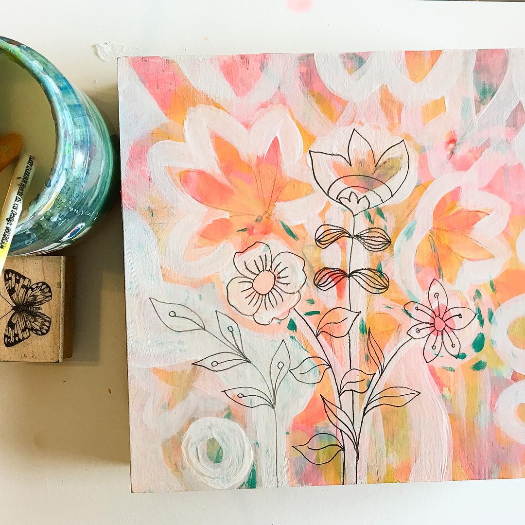 Painting on a tiny wood panel… Love making layers of paint and doodles…As always…