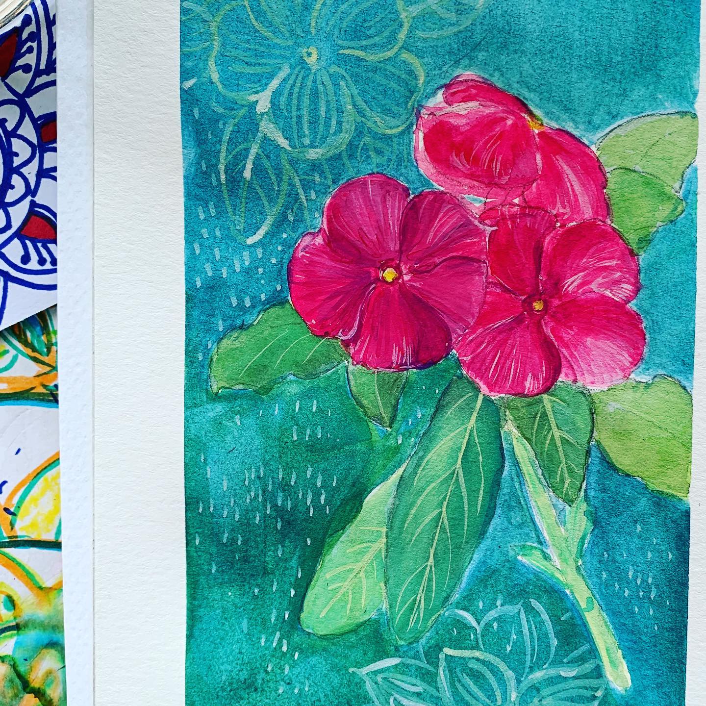 The Madagascar Periwinkle is a symbol of purity and strength. Enjoyed creating it today in my tiny watercolor journal using gouache.